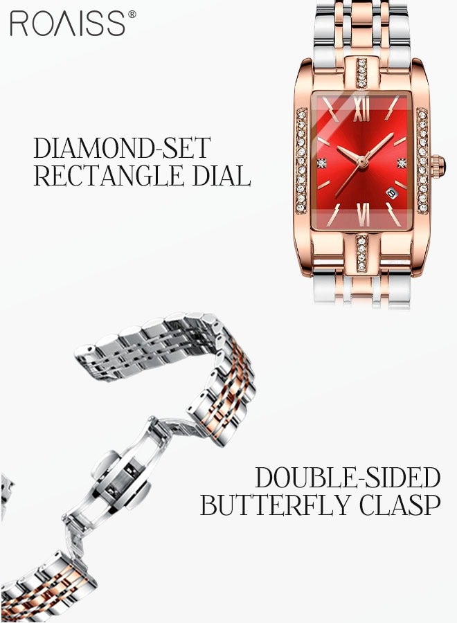roaiss Steel Strap Quartz Watches for Women Analog Display Rectangle Red Dial with Zirconia Diamond Decorated Bezel Waterproof Luxurious Wrist Watch as Gift for Ladies - Image 4