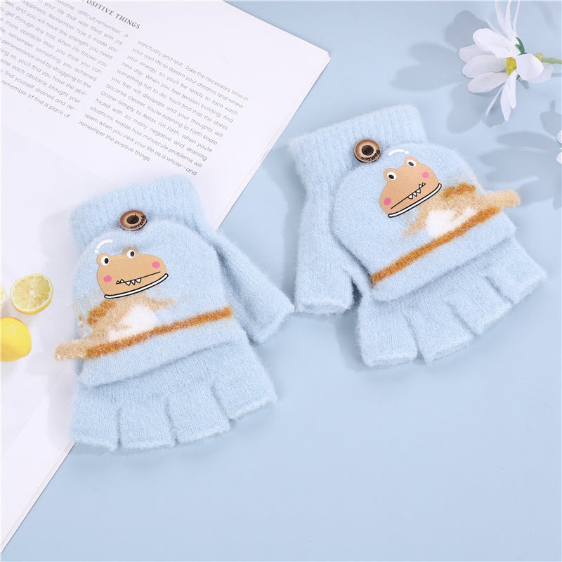 Children'S Flip Gloves Cute Cartoon Dinosaur Boys Baby Children'S Kindergarten Winter Warm Half Finger Wool - Image 4