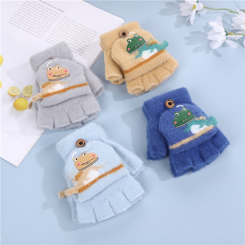 Children'S Flip Gloves Cute Cartoon Dinosaur Boys Baby Children'S Kindergarten Winter Warm Half Finger Wool - Image 2