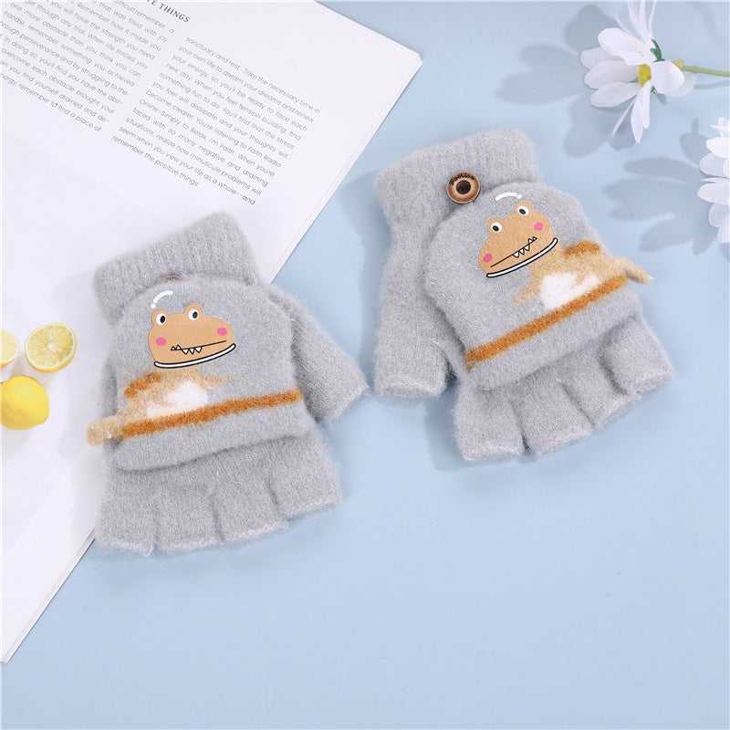 Children'S Flip Gloves Cute Cartoon Dinosaur Boys Baby Children'S Kindergarten Winter Warm Half Finger Wool - Image 5