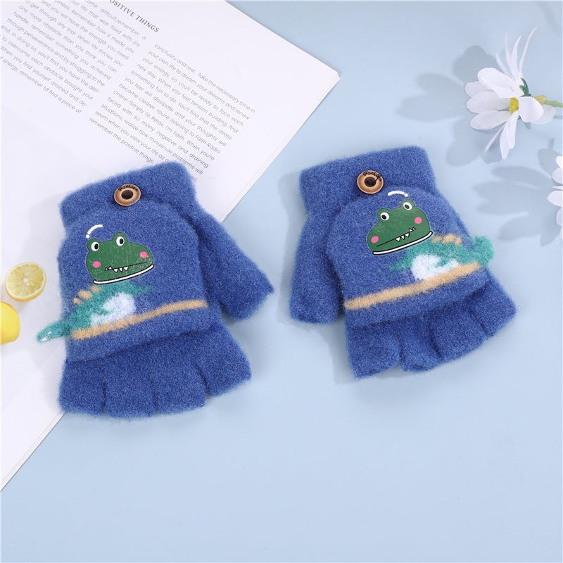 Children'S Flip Gloves Cute Cartoon Dinosaur Boys Baby Children'S Kindergarten Winter Warm Half Finger Wool - Image 3