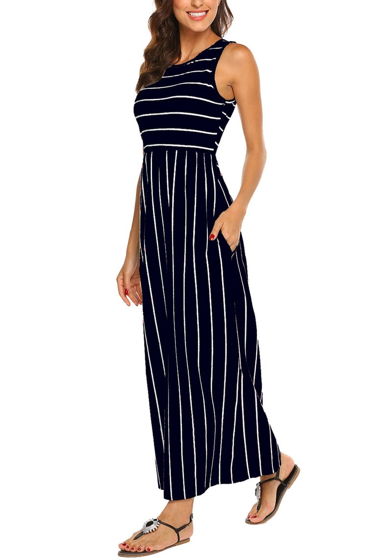 Hount Women's Summer Sleeveless Striped Flowy Casual Long Maxi Dress with Pockets (Navy Blue, Medium) - Image 1