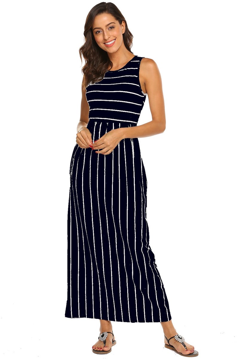 Hount Women's Summer Sleeveless Striped Flowy Casual Long Maxi Dress with Pockets (Navy Blue, Medium) - Image 4