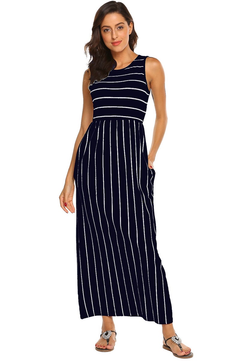 Hount Women's Summer Sleeveless Striped Flowy Casual Long Maxi Dress with Pockets (Navy Blue, Medium) - Image 3