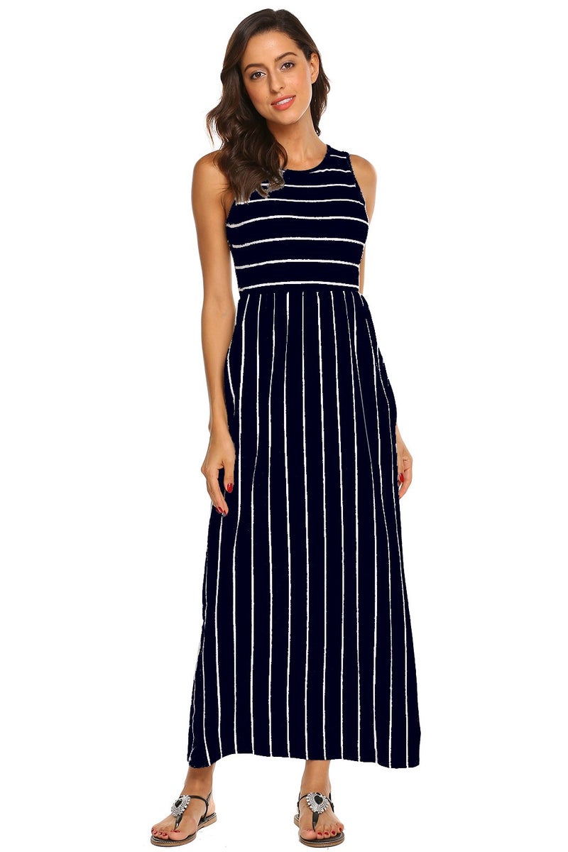 Hount Women's Summer Sleeveless Striped Flowy Casual Long Maxi Dress with Pockets (Navy Blue, Medium) - Image 5