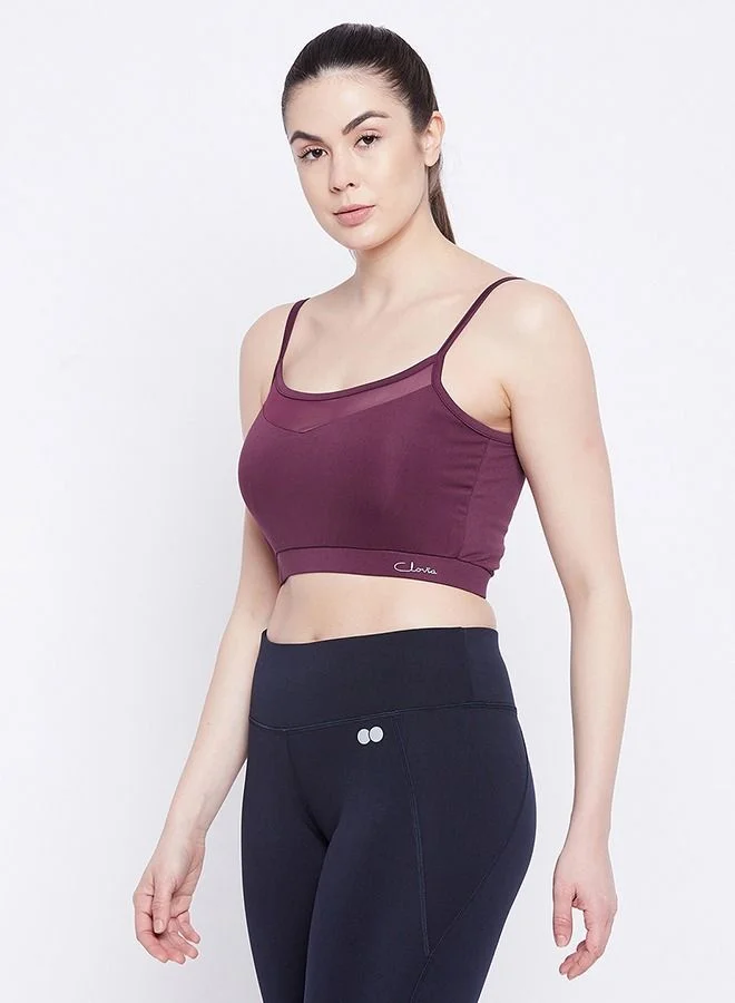 Clovia Clovia Comfort-Fit Active Crop Top in Wine Colour with Removable Pads