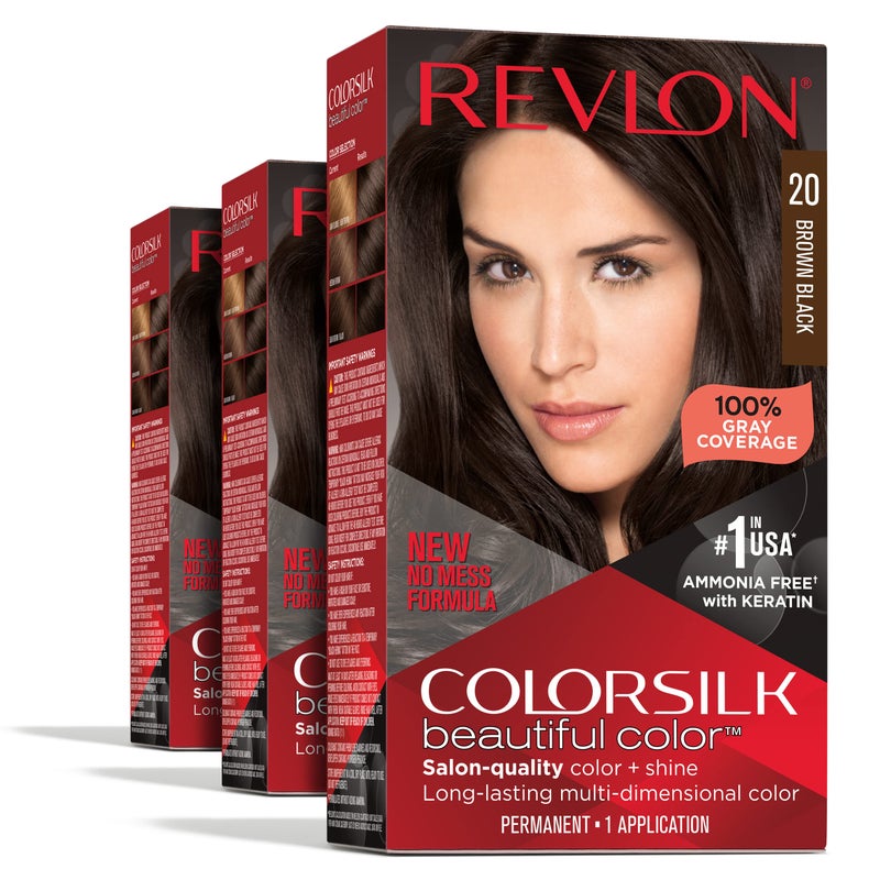 Revlon Permanent Hair Color, Permanent Hair Dye, Colorsilk with 100% Gray Coverage, Ammonia-Free, Keratin and Amino Acids, 20 Brown Black, 4.4 Oz (Pack of 3) - Image 1