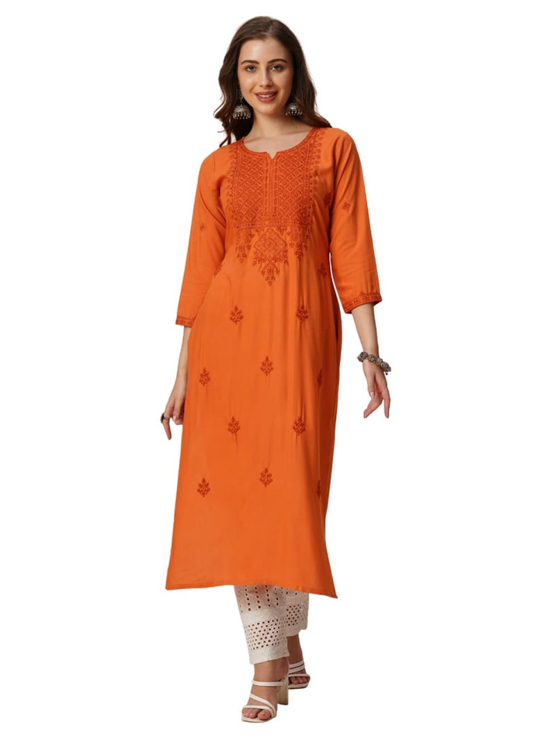 RATAN Women's Rayon Straight Lucknowi Chikankari Ethnic Wear Kurta (SAA-Rust Orange-X-Large) - Image 1