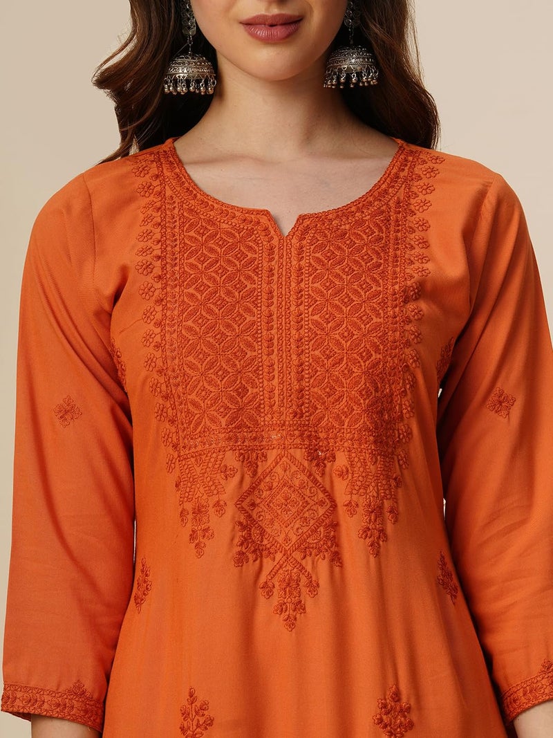 RATAN Women's Rayon Straight Lucknowi Chikankari Ethnic Wear Kurta (SAA-Rust Orange-X-Large) - Image 2