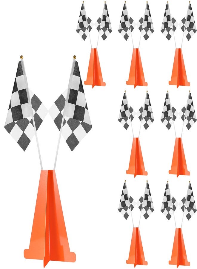 Affrolling Racing Car Party Decorations Include 6 Orange Traffic Cones and 12 Checkered Flags Mini Black and White 7 Inch Cardboard Cones for Race Car Theme Birthday Party Decorations - Image 1