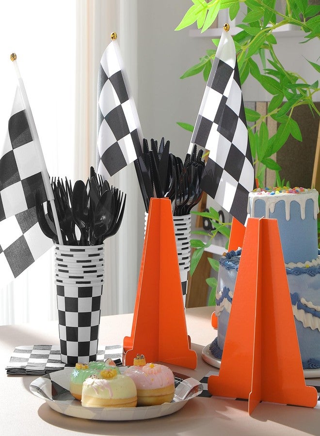 Affrolling Racing Car Party Decorations Include 6 Orange Traffic Cones and 12 Checkered Flags Mini Black and White 7 Inch Cardboard Cones for Race Car Theme Birthday Party Decorations - Image 4
