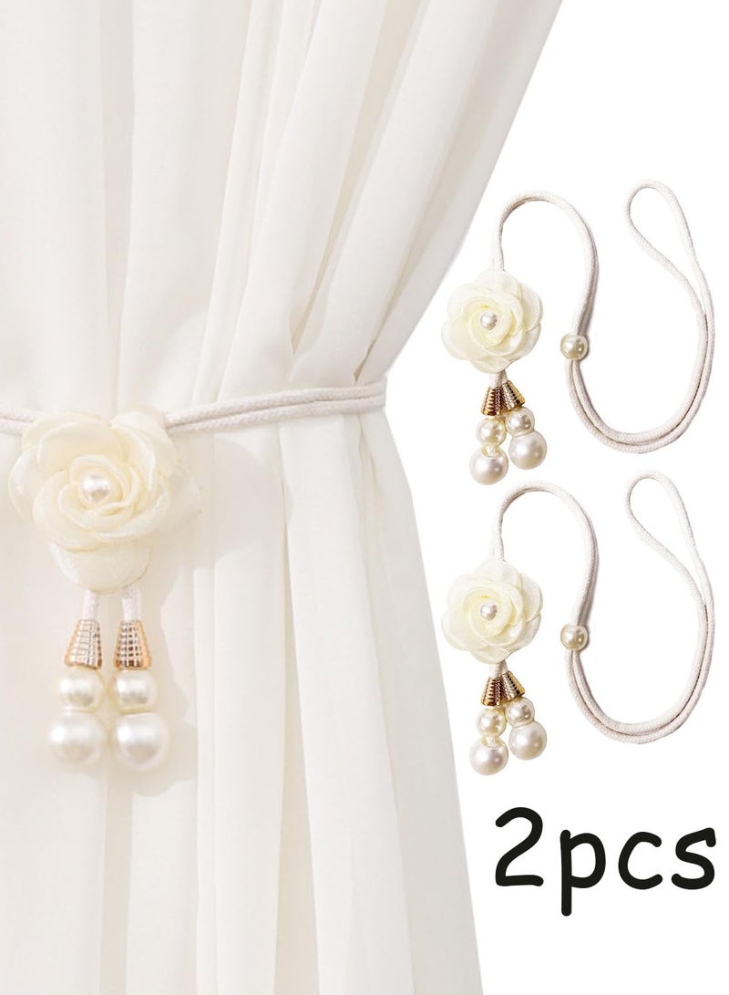 2 Pack Rope Curtain Tiebacks, Window Curtain Treatment Holdbacks Tie Back Holders With Pearl Flower For Home Bedroom Office Indoor & Outdoor Elegant Decorative Boho Flower - Image 1