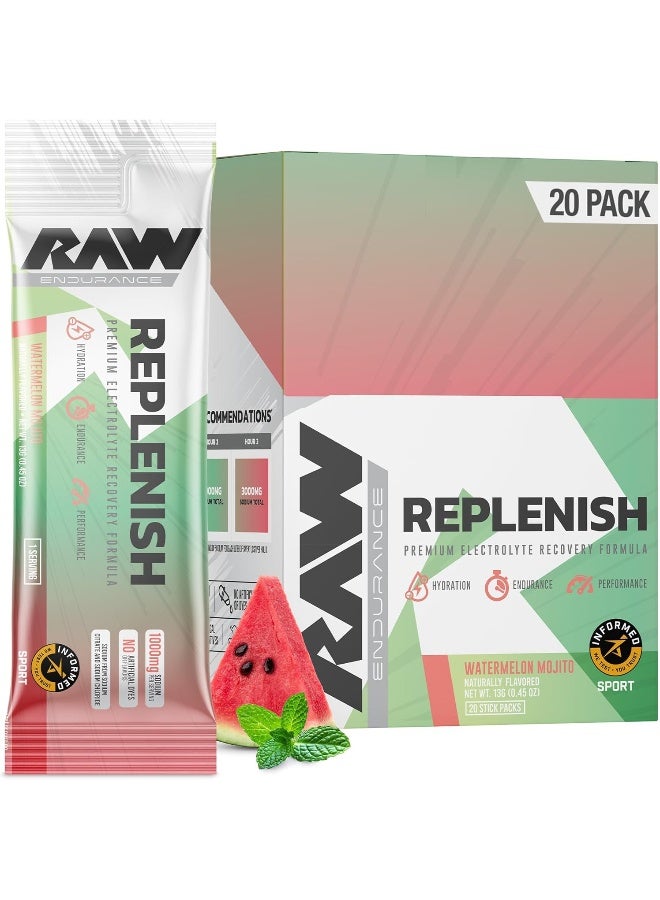 Raw RAW Replenish Box, Premium Electrolytes Powder Recovery Formula, Watermelon Mojito (20 Sticks)  - Image 1