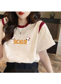 Summer Cotton Blend Shoulder Patchwork Short Sleeve T-Shirt Loose Fit plus Size Printed Womens Top Casual Style Comfortable Wear Wine red 2023 double rabbit
