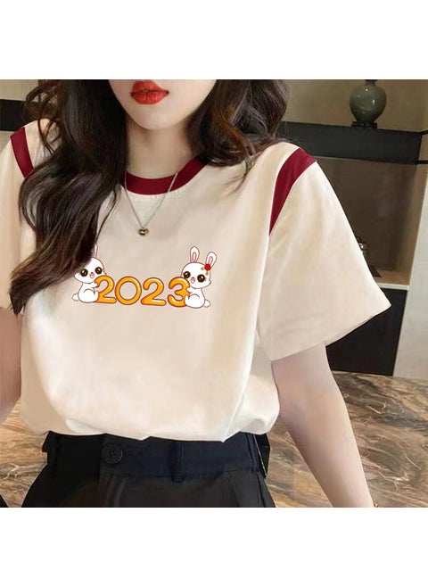 Summer Cotton Blend Shoulder Patchwork Short Sleeve T-Shirt Loose Fit plus Size Printed Womens Top Casual Style Comfortable Wear Wine red 2023 double rabbit