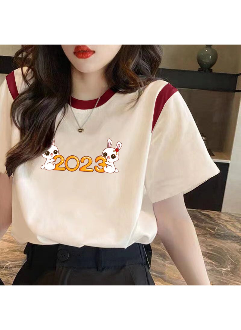 Generic - Summer Cotton Blend Shoulder Patchwork Short Sleeve T-Shirt Loose Fit plus Size Printed Womens Top Casual Style Comfortable Wear Wine red 2023 double rabbit - Image 1