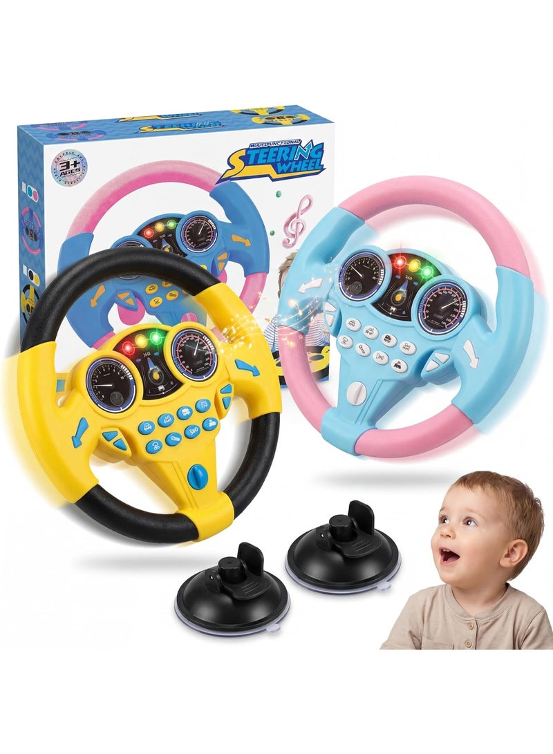 ARGT Kids Steering Wheel Toy 2 Pack with LED Lights & Sounds, Car Seat Toy for Toddlers, 360° Rotation, Suction Cup, Educational Driving Toy for Boys Girls Ages 3+ (Yellow & Pink) - Image 1