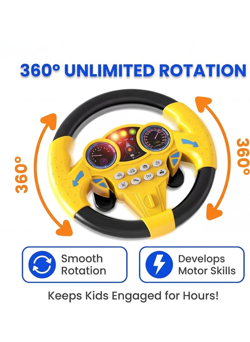 ARGT Kids Steering Wheel Toy 2 Pack with LED Lights & Sounds, Car Seat Toy for Toddlers, 360° Rotation, Suction Cup, Educational Driving Toy for Boys Girls Ages 3+ (Yellow & Pink) - Image 2