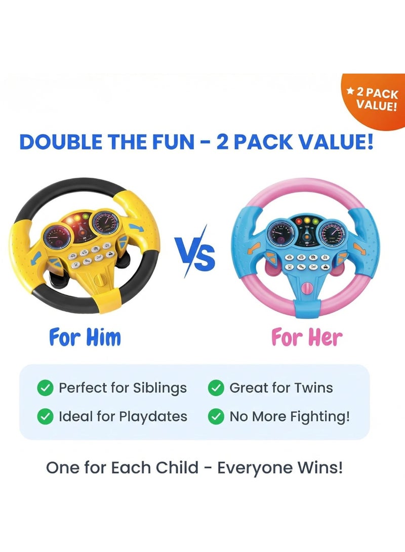 ARGT Kids Steering Wheel Toy 2 Pack with LED Lights & Sounds, Car Seat Toy for Toddlers, 360° Rotation, Suction Cup, Educational Driving Toy for Boys Girls Ages 3+ (Yellow & Pink) - Image 4