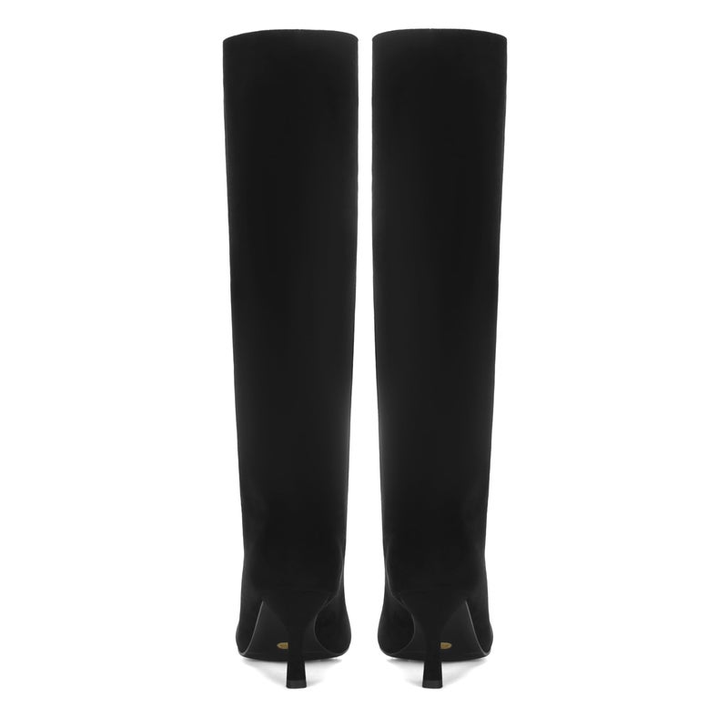 Wnshonzy Black Suede Knee High Boots for Women Wide Calf Square Toe Tall Stiletto Kitten High Heels Thigh Long Soft Fall Boot Pull on Fashion Casual Cute Y2K - Image 5