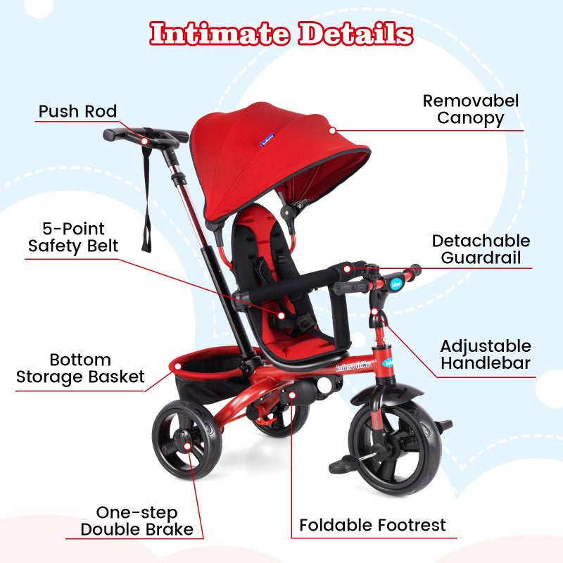 INFANS Kids Tricycle 6 in 1 Stroll Trike with Adjustable Push Handle Removable Canopy Retractable Foot Plate Lockable Pedal Detachable Guardrail Suitable for 10 Months to 5 Years Red - Image 3