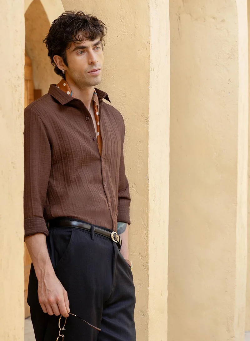 Men's Brown Plain/Basic Regular Shirt For Casual Wear | Collared Neck | Long Sleeve | Button Closure | Polyester Shirt Crafted With Comfort Fit For Everyday Wear (8480)