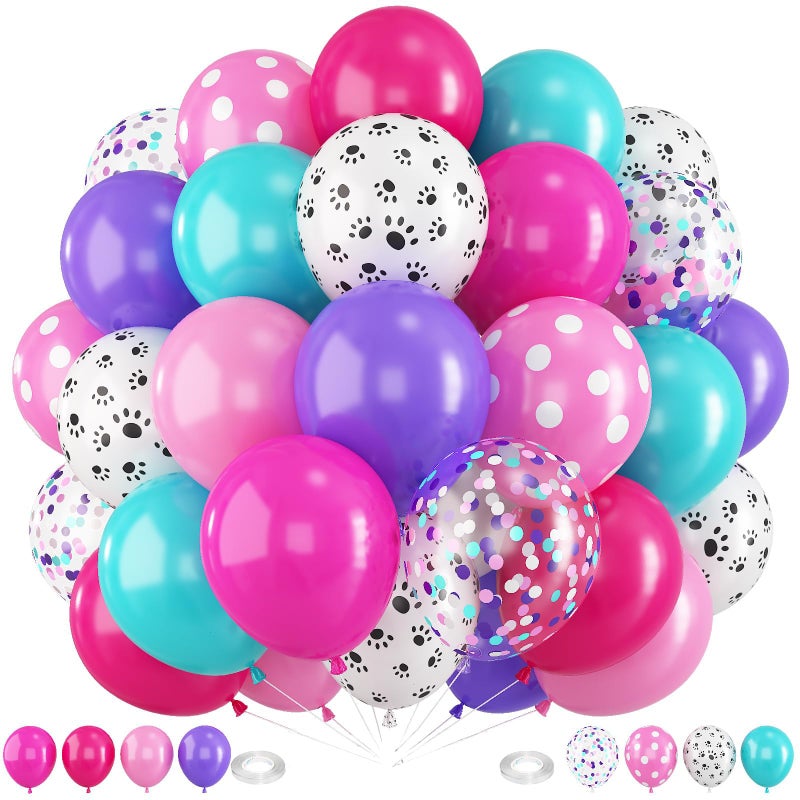 PFUTURE 60Pcs Dog Paw Print Balloons  Pink Purple Blue 12 Inch Polka Dot Balloons in Hot Pink Teal and Turquoise for Kids Baby Shower or Birthday Party DecorationsPink Teal Purple - Image 2