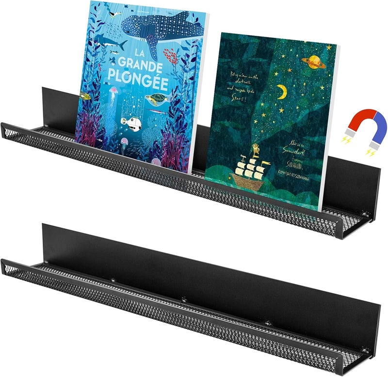 Mofuiry 2 Pack Magnetic Book Shelf for Whiteboard Classroom, 17Inch Metal Floating Book Display Shelves Heavy Duty Magnetic Book Holder Magnet Refrigerator Organizer for Kid Room Office Teacher Storage - Image 1