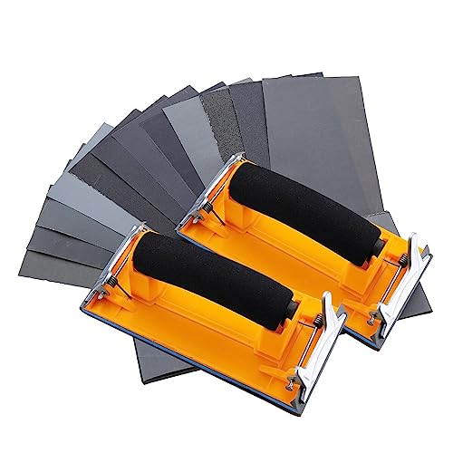 Hubaow Sandpaper Holder with Sponge Handle, 36 Pack 120 to 3000 Assorted Grit Dry & Wet Sandpaper with 2 Pack Hand Sander, Manual Hand Sanding Block for Drywall Wood Metal Furniture Polishing - Image 1