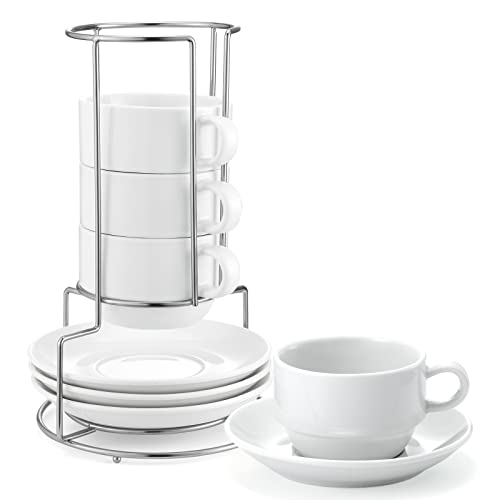 Yedio 8 oz Porcelain Cappuccino Cups with Saucers and Metal Stand, Stackable Coffee Cups for Latte, Americano, Tea – Set of 4, White - Image 1