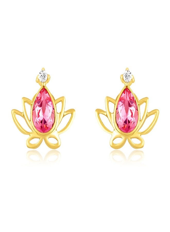 Mahi Pink Lotus Flower Gold Plated Stud Earrings for Women ER1194134G - Image 1