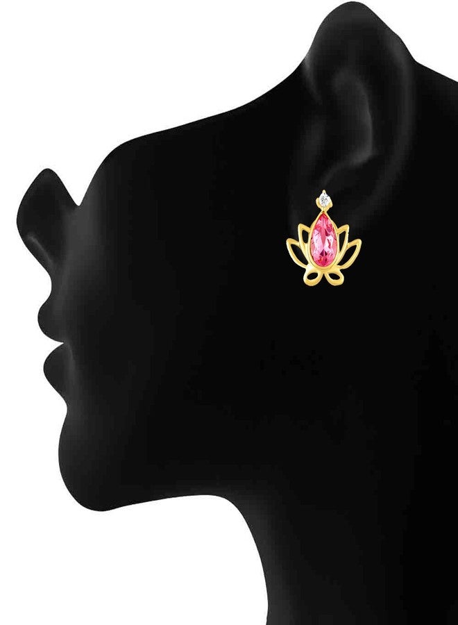 Mahi Pink Lotus Flower Gold Plated Stud Earrings for Women ER1194134G - Image 3