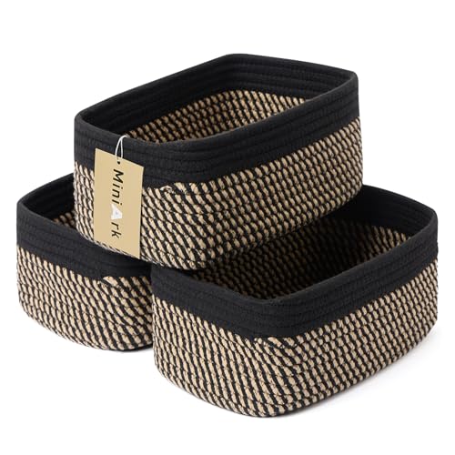 MiniArk Small Storage Baskets for Organizing | Closet Organizer Bins | Shelf Toy Basket | Woven Rope Baskets | Cube Decorative Box | Shallow Basket | 11.5x7.5x4.7” | 3 Packs Black Brown - Image 1