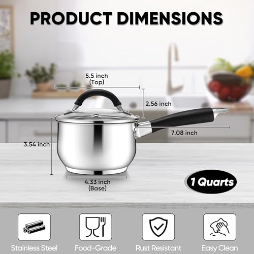 E-far Efar 1 Quart Sauce Pan with Lid TriPly Base Stainless Steel Small Saucepan with StayCool Handle Nontoxic Kitchen Cooking Sauce Pot Compatible with All Cooktops Dishwasher Safe - Image 3