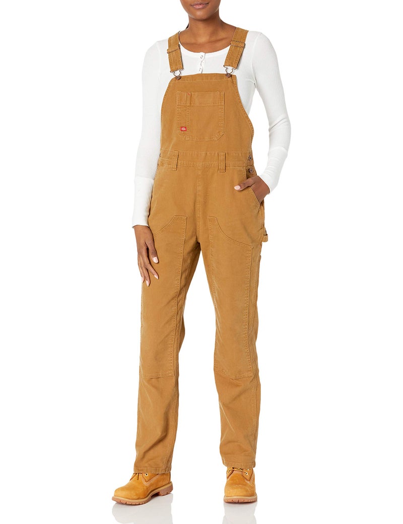 Dickies Womens Duck Double Front Bib Overalls Rinsed Brown Duck L