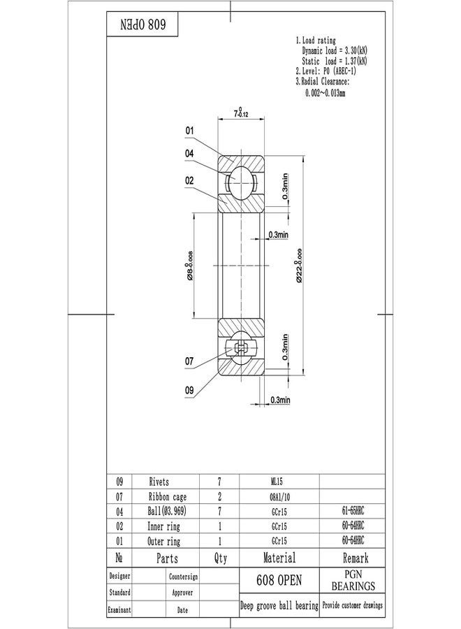 PGN Bearings 10 (عشرة) محامل دوارة، 608 مفتوحة، كرات محمل من فولاذ الكروم، 8x22x7، طقم قطع غيار مركز الكرة - Image 2