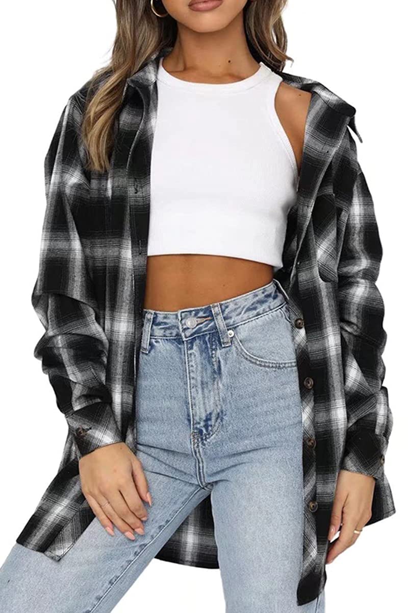 CHYRII Womens Button Down Flannel Shirts Long Sleeve Plaid Shacket Business Casual Tops Black S - Image 1