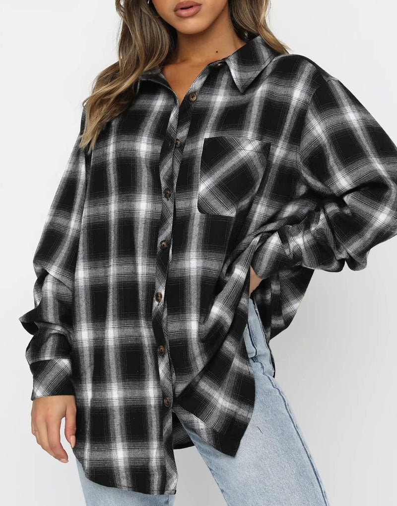 CHYRII Womens Button Down Flannel Shirts Long Sleeve Plaid Shacket Business Casual Tops Black S - Image 4