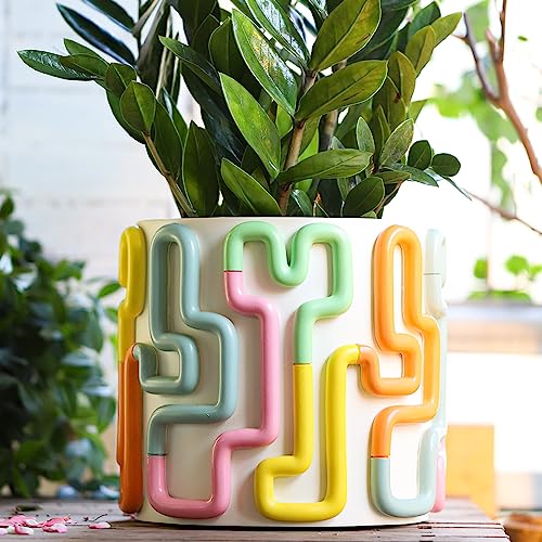 GUGUGO 8 Inch Pastel Lines Planters, Cute Unique Rainbow Planter with Drainage, Vintage Retro Eclectic Flower Plant pots for Indoor Plants and Succulent,Funny Boho Modern Home Décor - Image 1