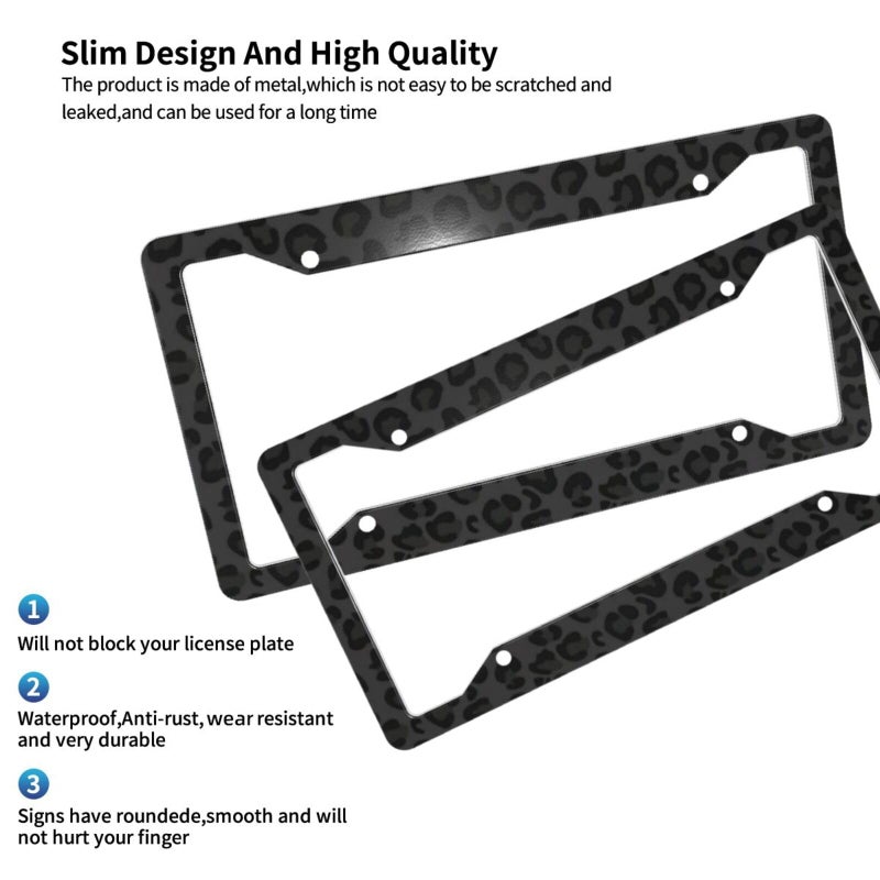 CTVSLFU License Plate Frame 2 Pack Aluminum Metal Rust-Proof Front & Rear Car Tag Holder with 4 Holes, Universal Car Accessories with Screws for Men & Women - 001 Black Leopard - Image 2