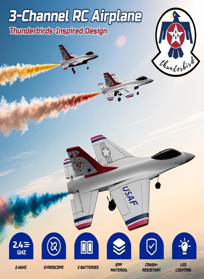 DEERC طائرة دييرك F16 ثندربيردز RC، طائرة مقاتلة تعمل بالتحكم عن بعد 3CH، طائرة شراعية مزودة بمثبت جيروسكوب 6 محاور بتردد 2.4GHz مع بطاريتين، سهلة الطيران للمبتدئين والأطفال والبالغين - Image 2