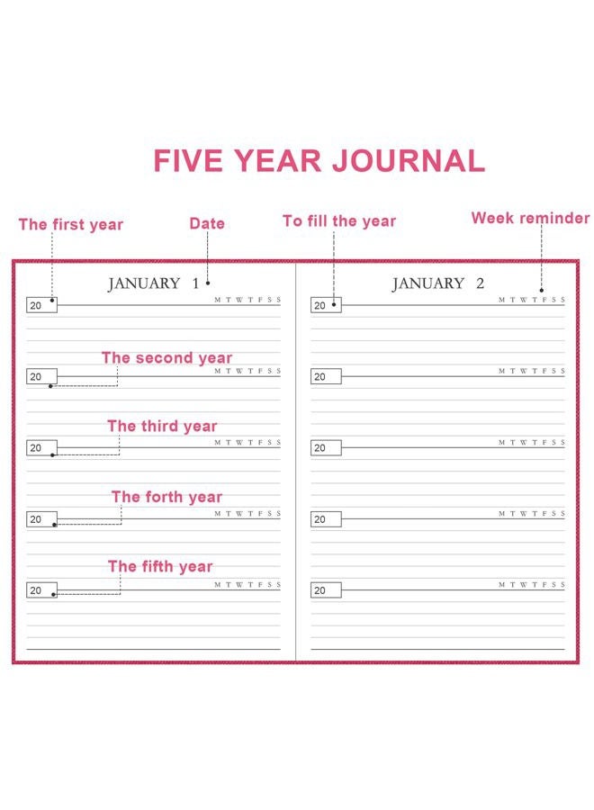 Tuun Fuplan Hard Cover 5 Year Journal | The Easiest to Use Five Year Journal | Quick and Easy Five Year Memory Notebook | 5.8'' x8.3'', Pink - Image 3