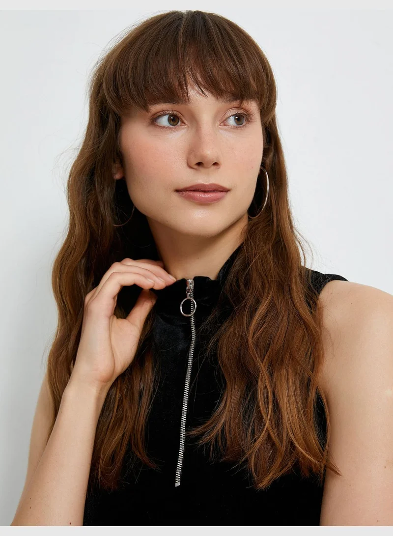 KOTON High Neck Velvet Sleeveless Half Zipper Detail Tank Top