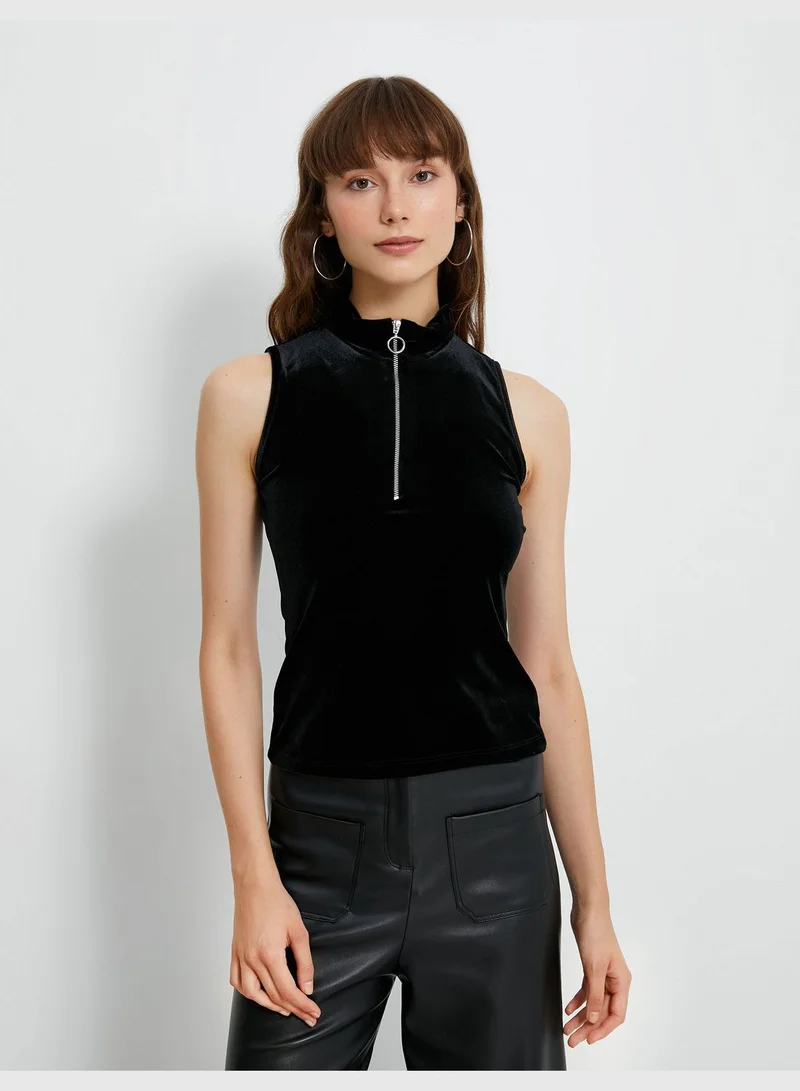 KOTON High Neck Velvet Sleeveless Half Zipper Detail Tank Top
