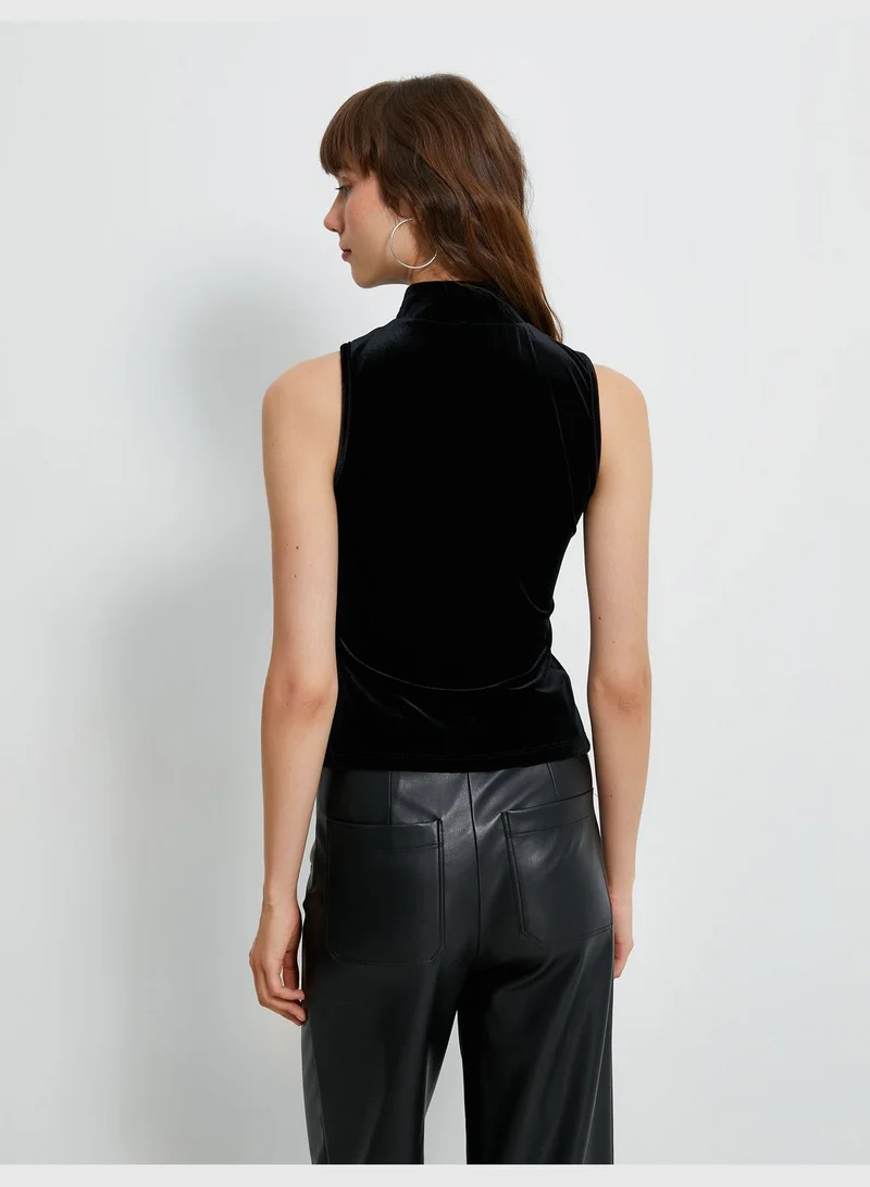 KOTON High Neck Velvet Sleeveless Half Zipper Detail Tank Top
