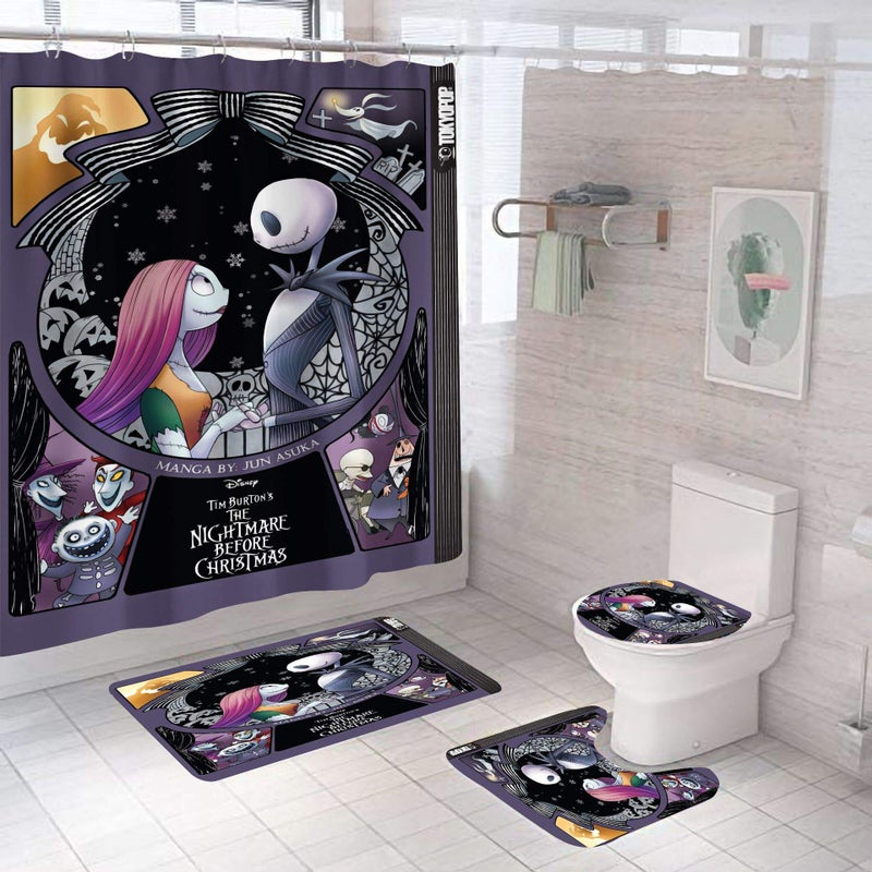 DDS-DUDES 4Pcs Nightmare Before Christmas Zombie Bride Jack Shower Curtain Sets Kids Bathroom Halloween Decor with 12 Curtain Hooks for Bathroom  Waterproof 71 x 71 inch (D1)
