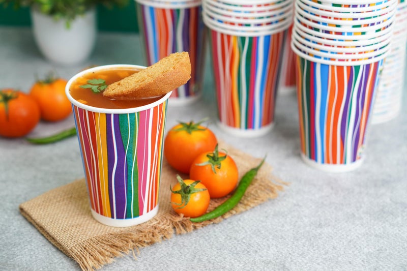 PARICOTT 300ml – 50 Cups | Multi Stripe Printed Paper Cups | Disposable Use & Throw Glasses for Tea, Coffee, Juice, Water, Wine, Cocktail, Party, Travel, Wedding, Events – Eco-Friendly - Image 4