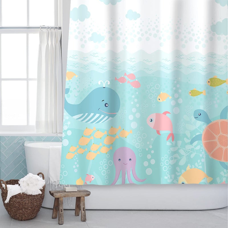 Sunlit Lovely Cartoon Baby Shower Curtain Sea Creatures Light Blue Fabric Shower Curtain for Kids Whale Turtle and Fish Ocean Theme Bathroom Decor Curtain for Children Girls and Boys