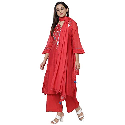 BIBA PolyWomen Cotton Yarndyed Straight Salwar Kurta Dupatta(Skd6848_Red_38) - Image 1