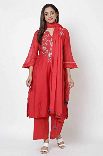 BIBA PolyWomen Cotton Yarndyed Straight Salwar Kurta Dupatta(Skd6848_Red_38) - Image 3